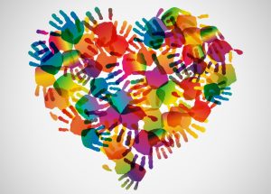 Colored heart from hand print icons, vector illustration